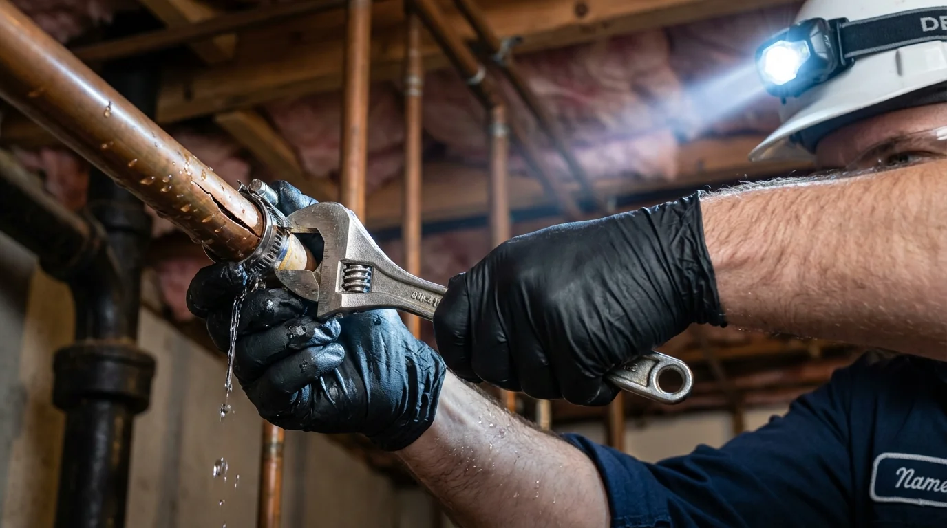 Emergency pipe clamp repair being performed by a Johns Plumbing LLC plumber in Davis