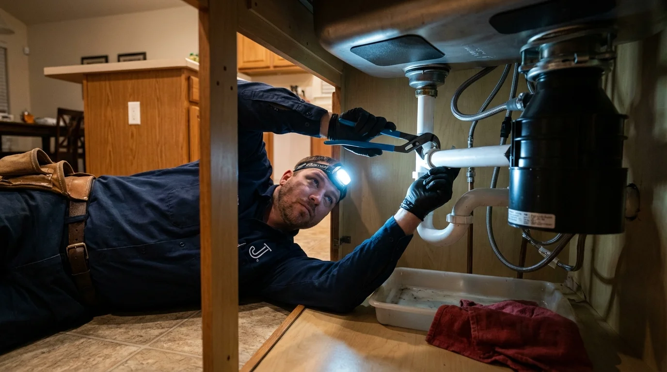 P-trap and supply line connections under a kitchen sink showing a common leak point in Davis, OK